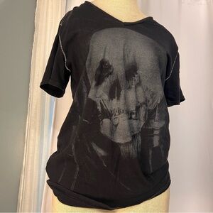 women’s black cotton v neck short sleeve skull black tee rock&roll gothic metal